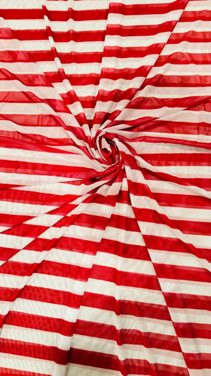 Stripes design 1” size Red/White print on power mesh 4-way stretch 58/60” Sold by the YD. Ships Worldwide from Los Angeles California USA.