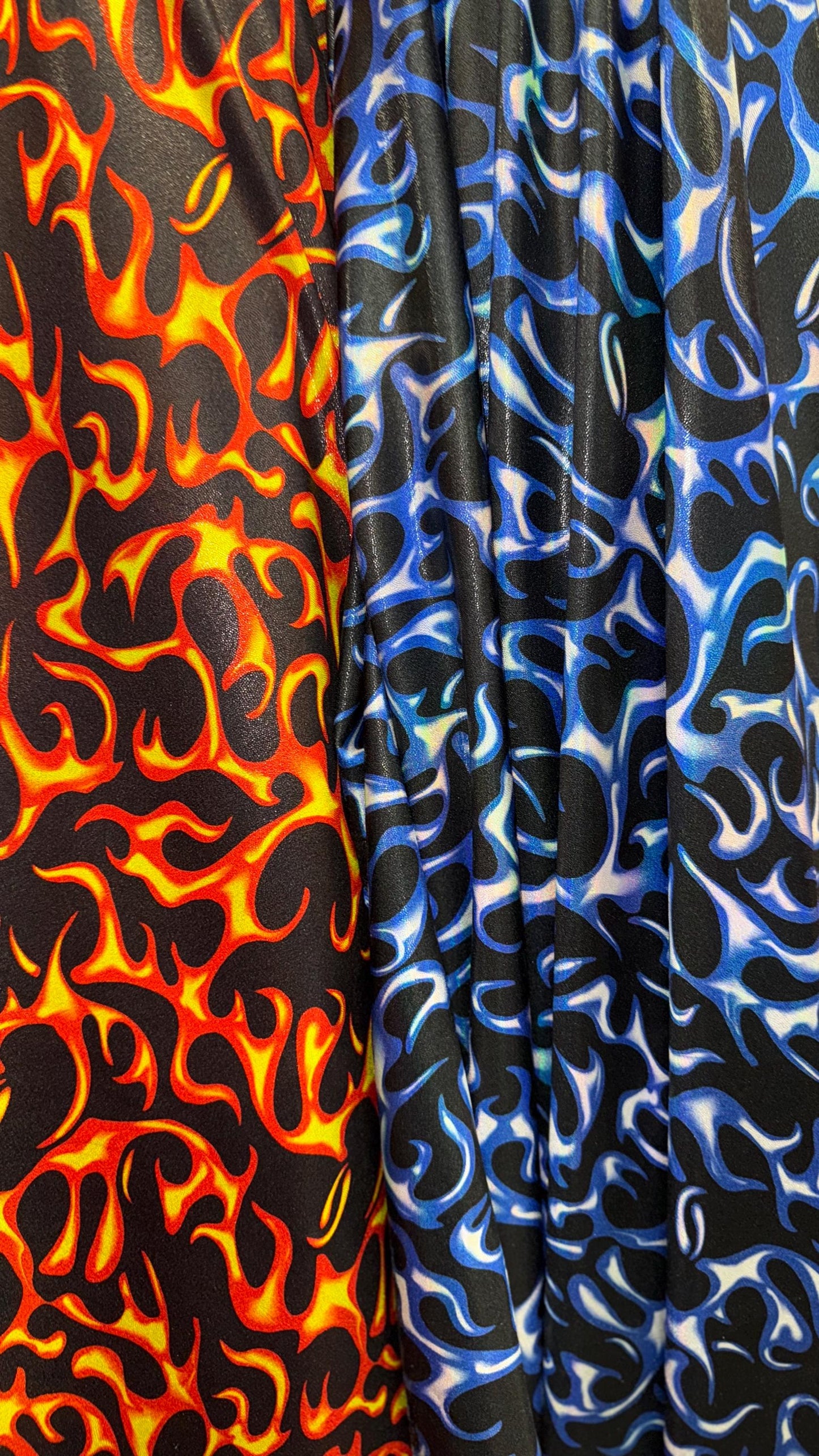 Hot flame design on Iridescent Metallic nylon spandex 4way stretch 58/60" Sold by the YD. Ships worldwide from Los Angeles California USA.
