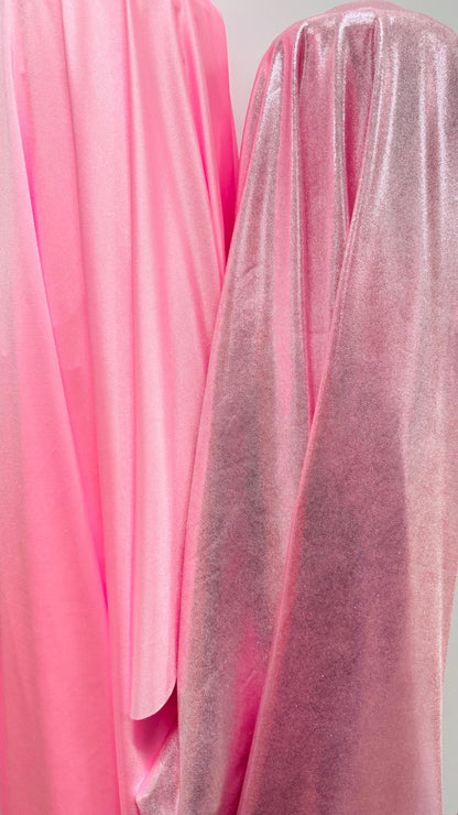 New foggy foil metallic spandex pink/pink color and Bubblegum pink shiny tricot nylon spandex 4way Stretch 58/60" Sold by the YD.