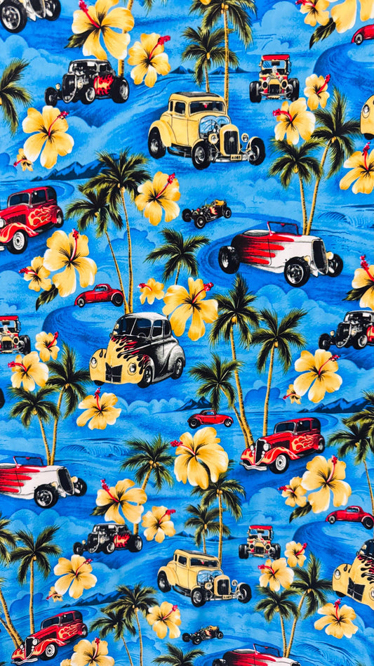 New palms trees and flames cars design print on nylon spandex 4-way stretch 58/60” Sold by the YD. Ships worldwide from Los Angeles CA