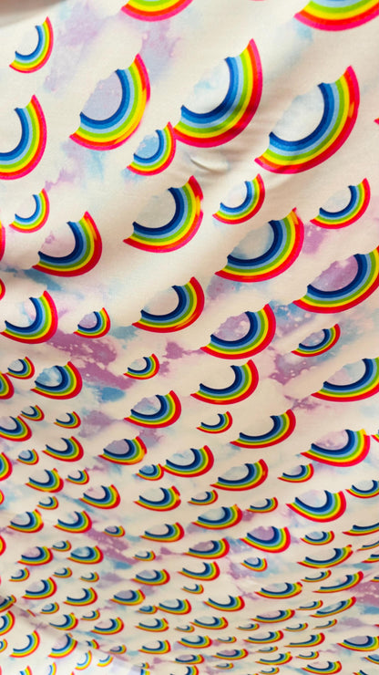 New Rainbow Clouds design  print on nylon spandex 4way Stretch 58/60" Sold by the YD. Ships worldwide from Los Ángeles California USA.