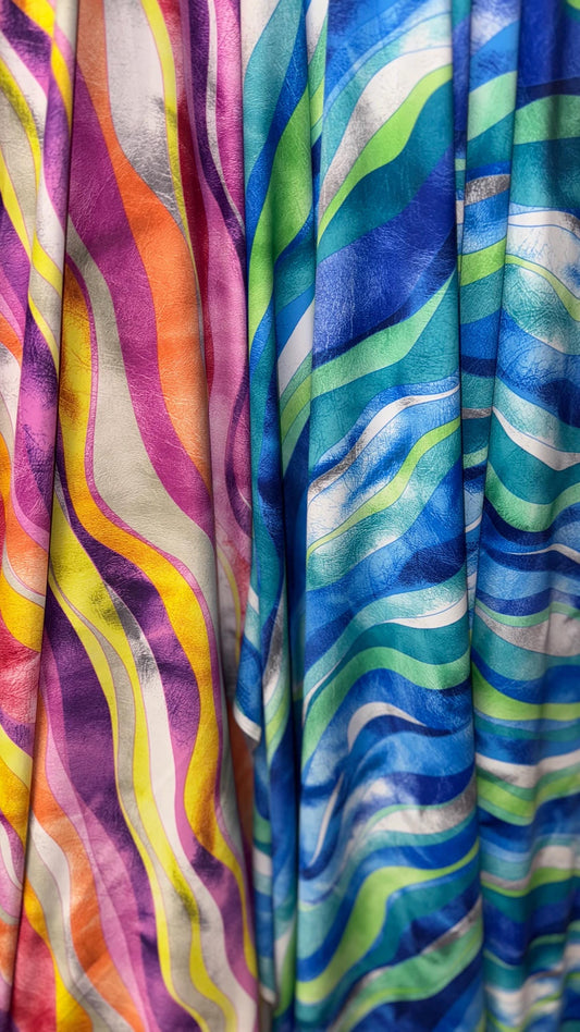 New abstract Wavy design print on great quality of Nylon spandex 4-way stretch 58/60” Sold by the YD. Ships worldwide from Los Angeles CA