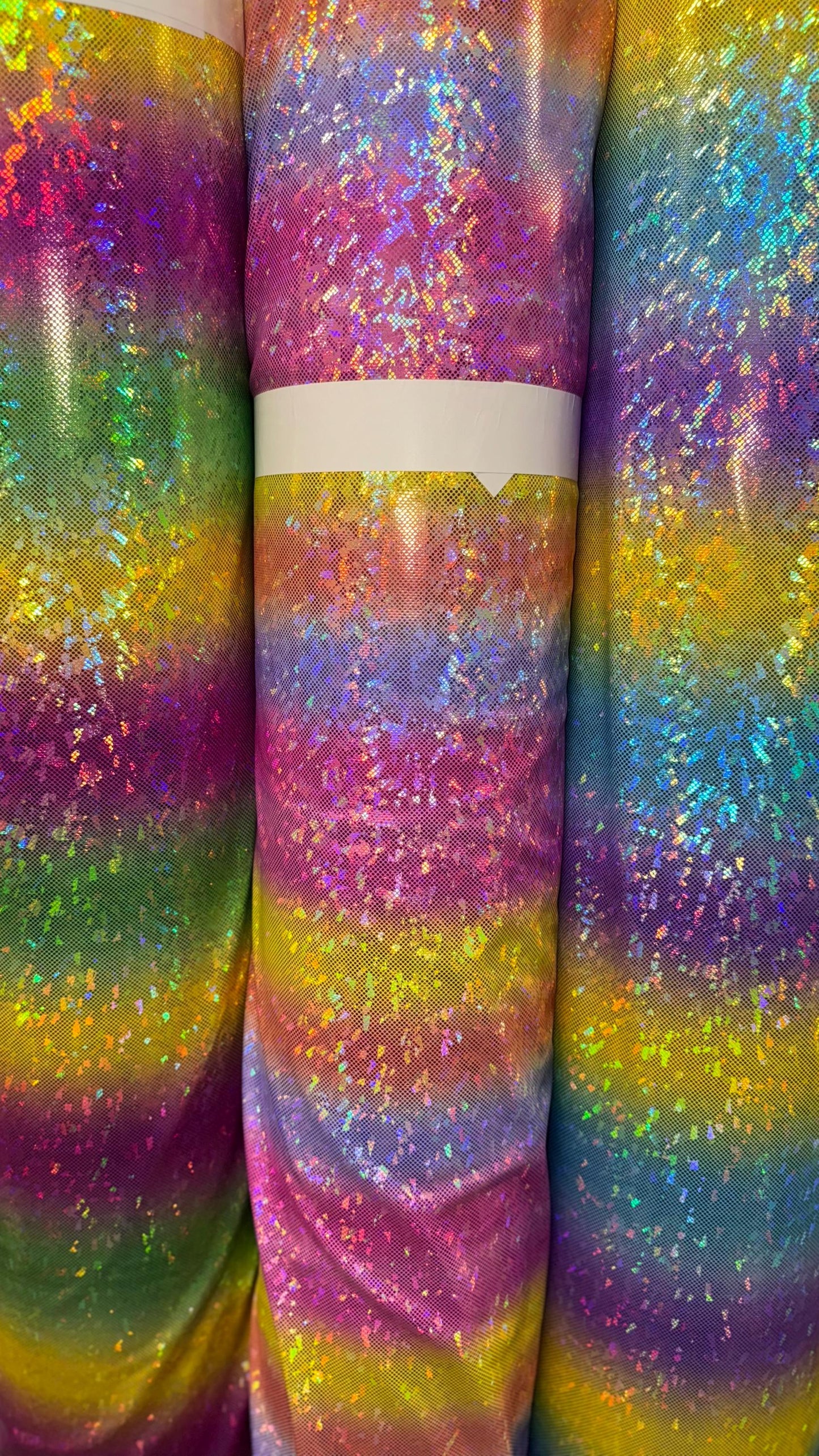 Rainbow Design hologram Shattered Glass metallic nylon spandex 4-way stretch 58/60" Sold by the YD.  Ships worldwide From Los Angeles CA USA