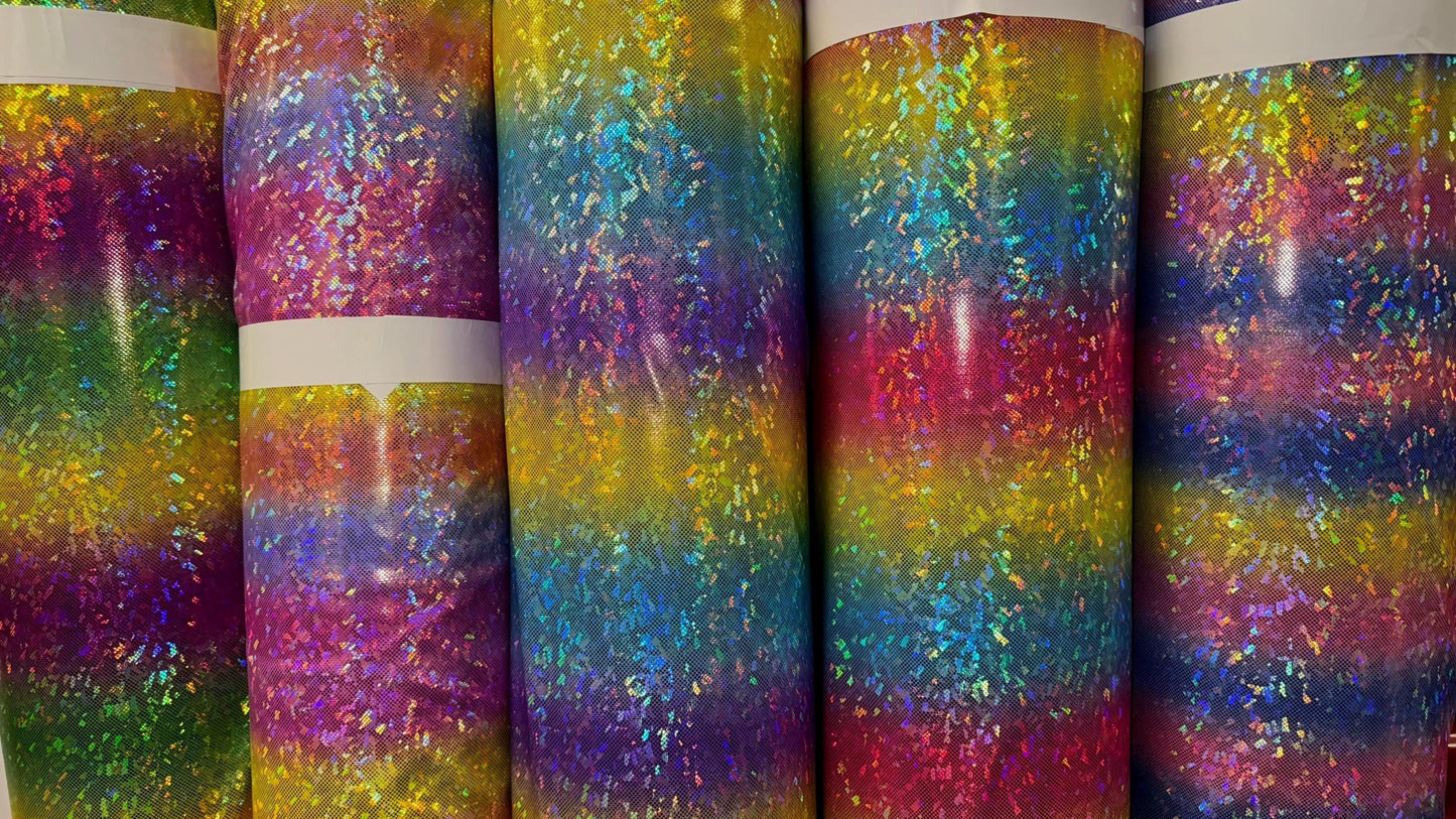 Rainbow Design hologram Shattered Glass metallic nylon spandex 4-way stretch 58/60" Sold by the YD.  Ships worldwide From Los Angeles CA USA