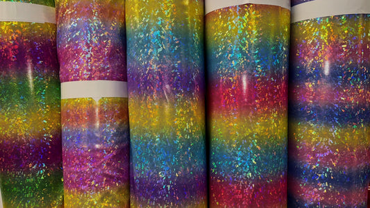 Rainbow Design hologram Shattered Glass metallic nylon spandex 4-way stretch 58/60" Sold by the YD.  Ships worldwide From Los Angeles CA USA