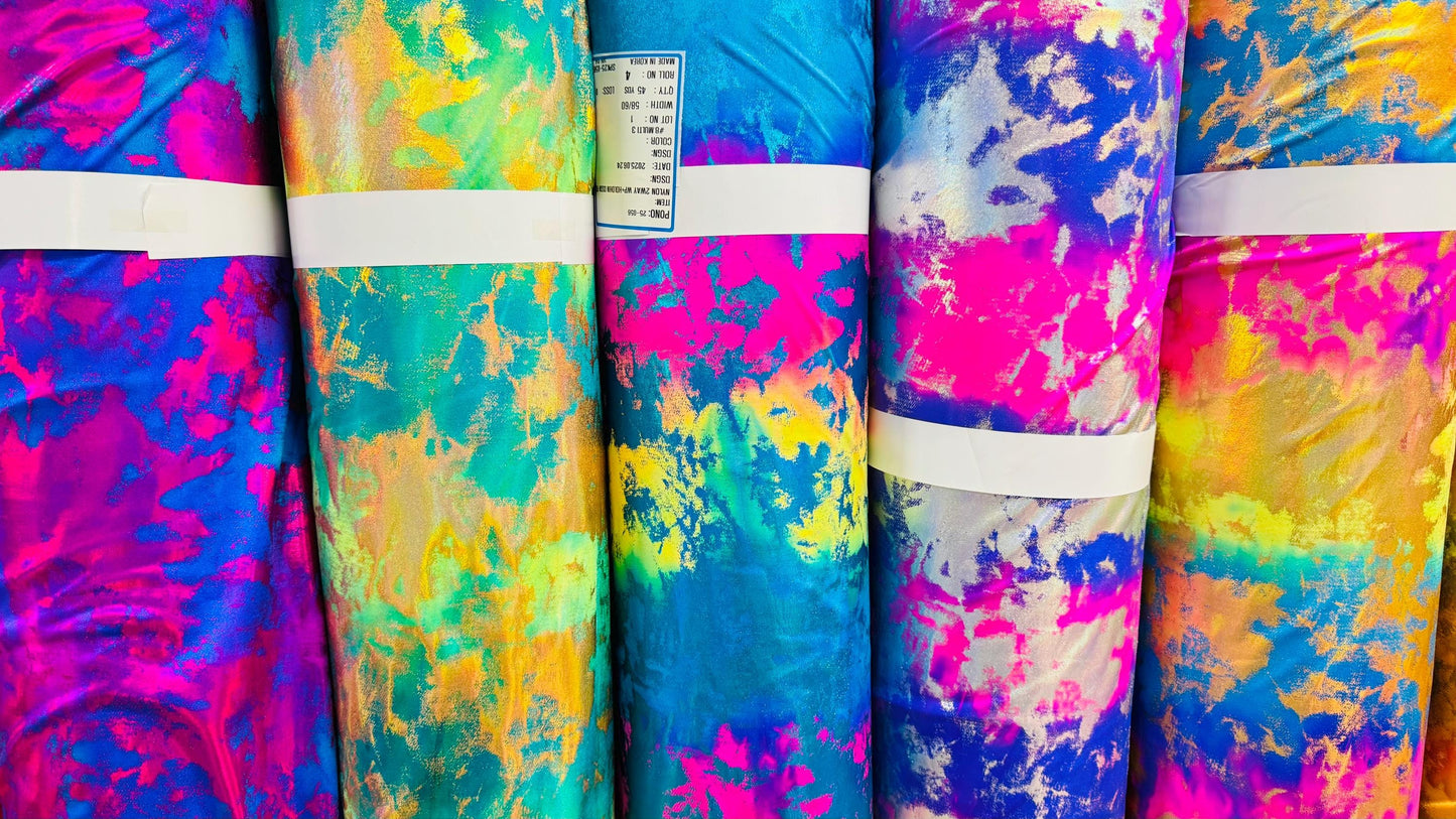 New Splattered lava abstract design Iridescent metallic nylon spandex 4-way stretch 58/60" Sold by the YD. Ships worldwide from Los Angeles