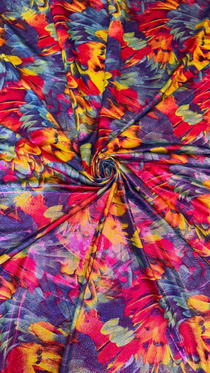 Feathers design print on nylon spandex with hologram foggy foil  4way Stretch 58/60" Sold by the YD. Ships worldwide from Los Angeles CA USA