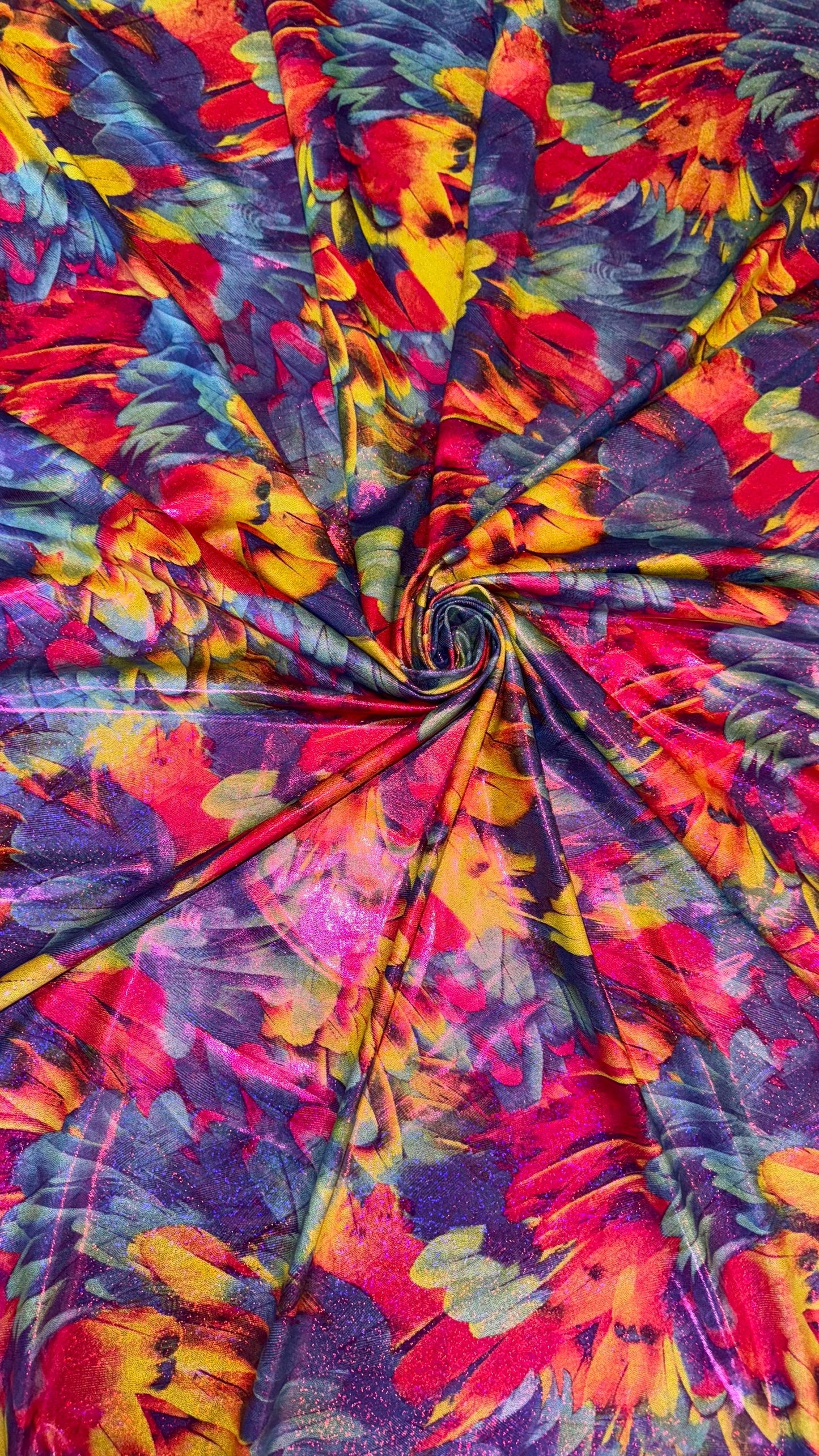 Feathers design print on nylon spandex with hologram foggy foil  4way Stretch 58/60" Sold by the YD. Ships worldwide from Los Angeles CA USA