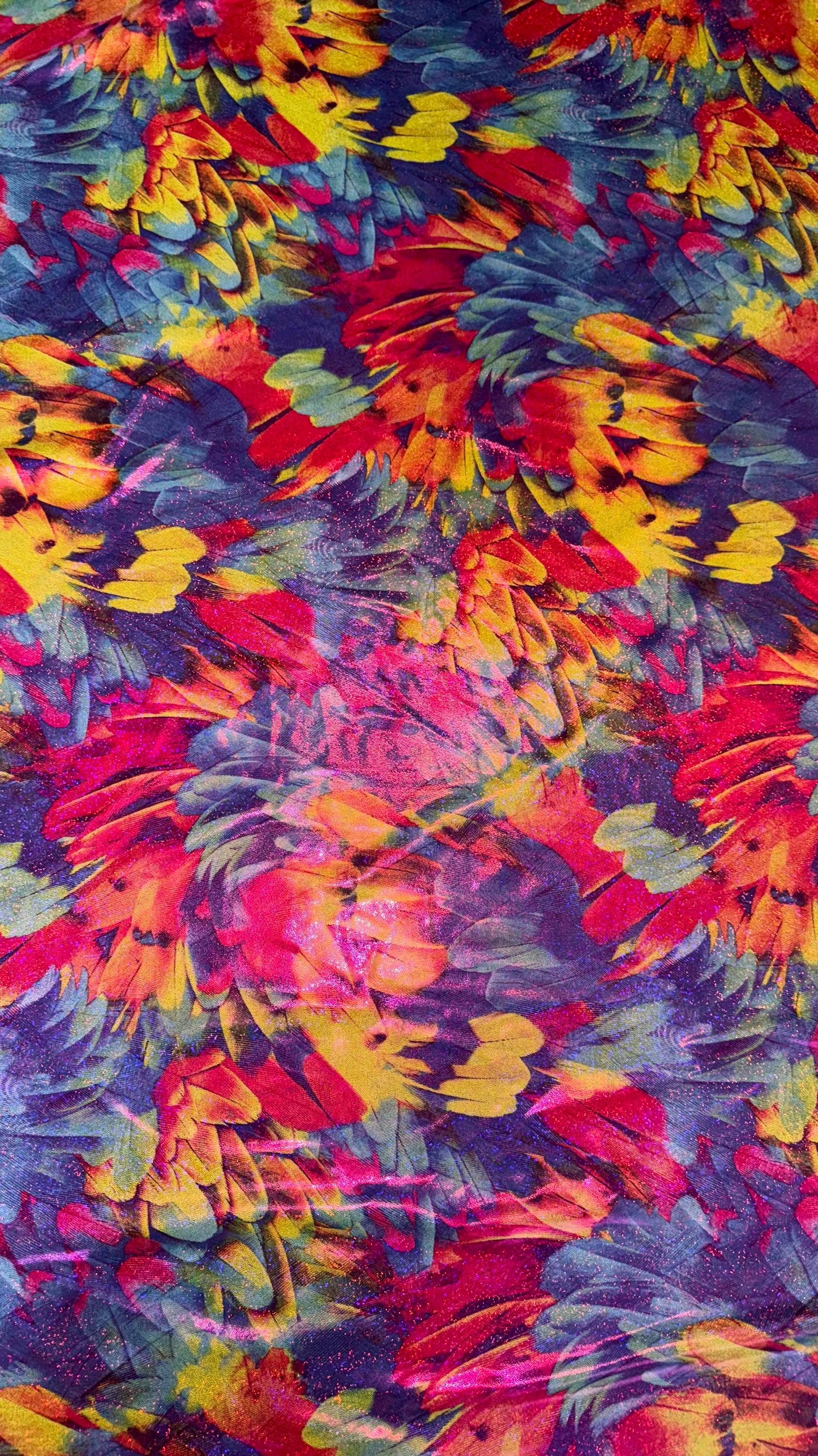 Feathers design print on nylon spandex with hologram foggy foil  4way Stretch 58/60" Sold by the YD. Ships worldwide from Los Angeles CA USA