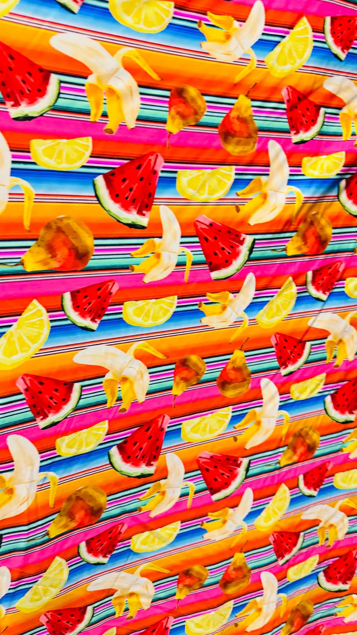 New watermelon and Banana design print on heavy nylon spandex  4way stretch 58/60" Sold by the YD. Ships worldwide from Los Angeles Californ