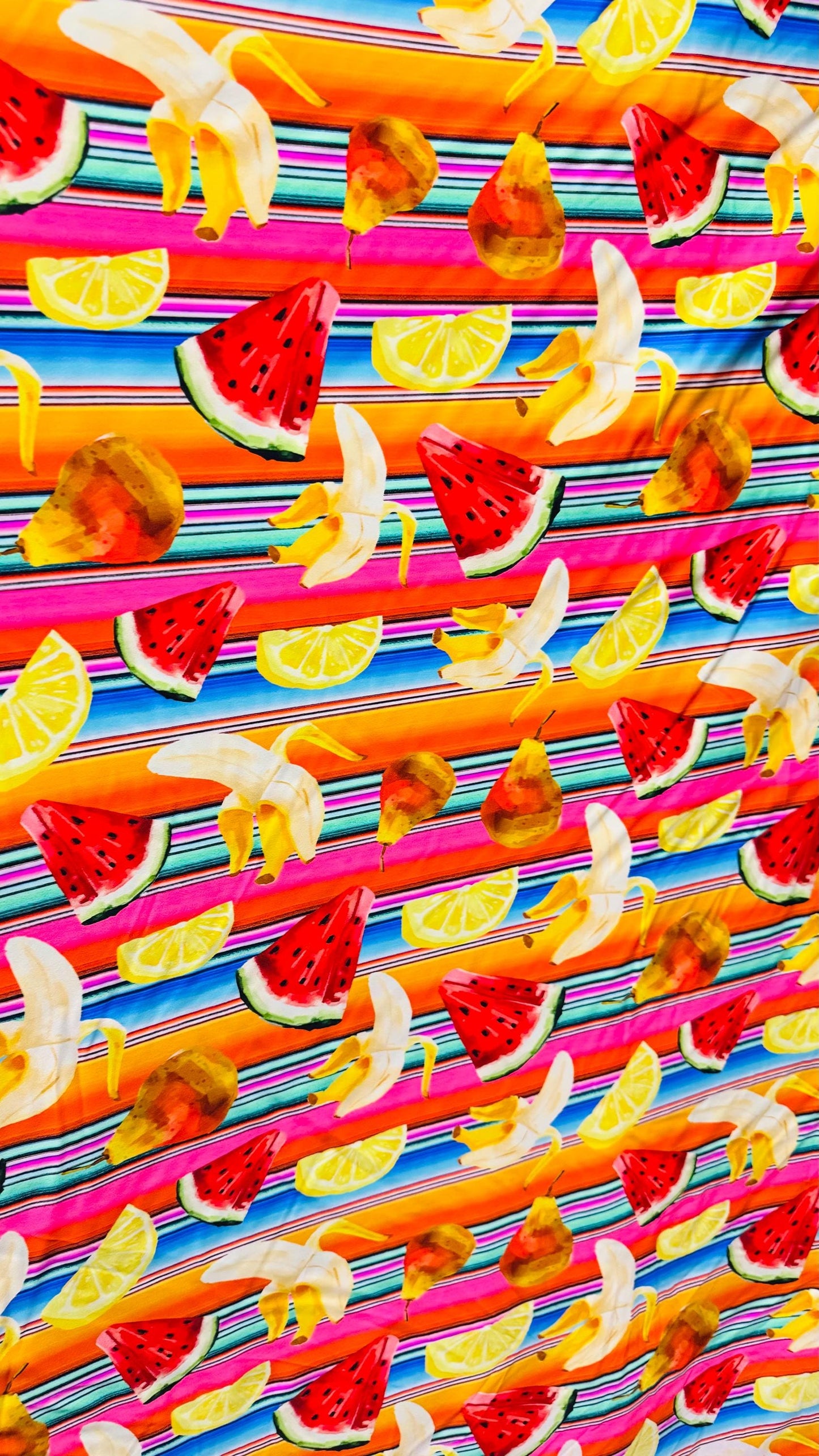 New watermelon and Banana design print on heavy nylon spandex  4way stretch 58/60" Sold by the YD. Ships worldwide from Los Angeles Californ