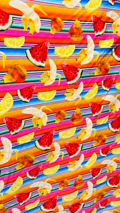 New watermelon and Banana design print on heavy nylon spandex  4way stretch 58/60" Sold by the YD. Ships worldwide from Los Angeles Californ