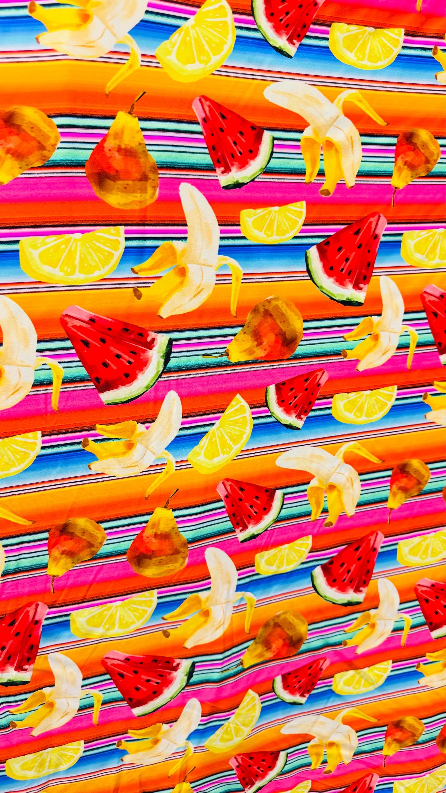 New watermelon and Banana design print on heavy nylon spandex  4way stretch 58/60" Sold by the YD. Ships worldwide from Los Angeles Californ