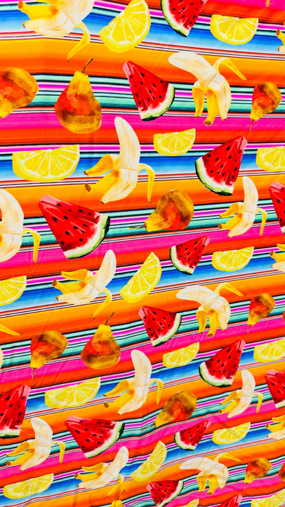New watermelon and Banana design print on heavy nylon spandex  4way stretch 58/60" Sold by the YD. Ships worldwide from Los Angeles Californ