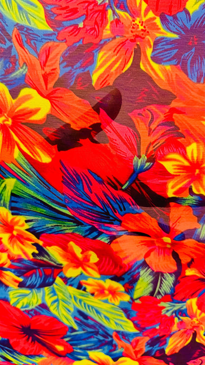 New Hawaiian Tropical design Multicolor print on great quality of high multi chiffon silky quality non stretch 58/60” Sold by the YD.