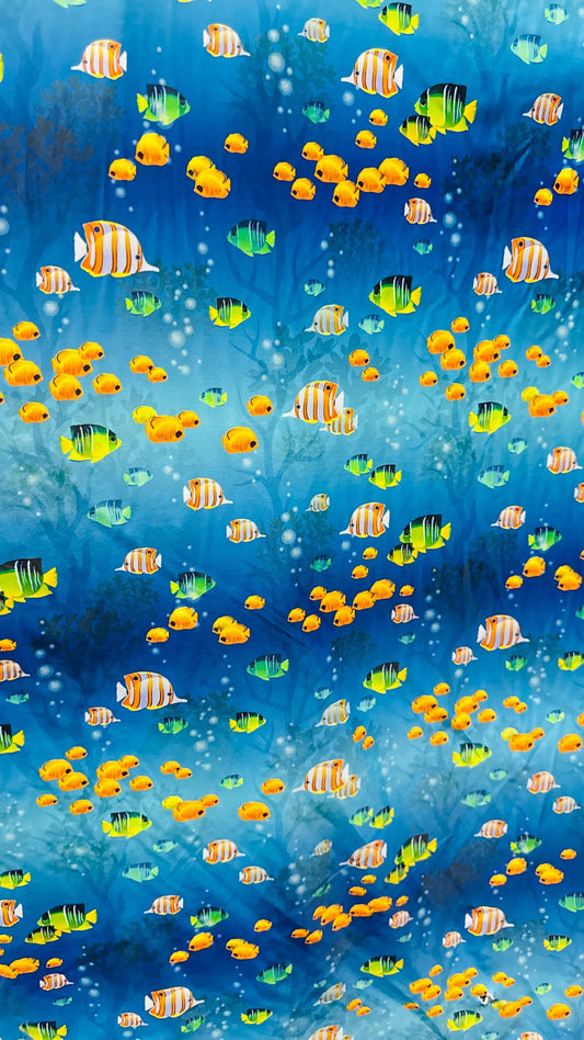 Aquarium design Blue/Multicolor print in nylon  spandex 4way stretch 58/60" sold by the yd. Ships worldwide from Los Angeles California USA