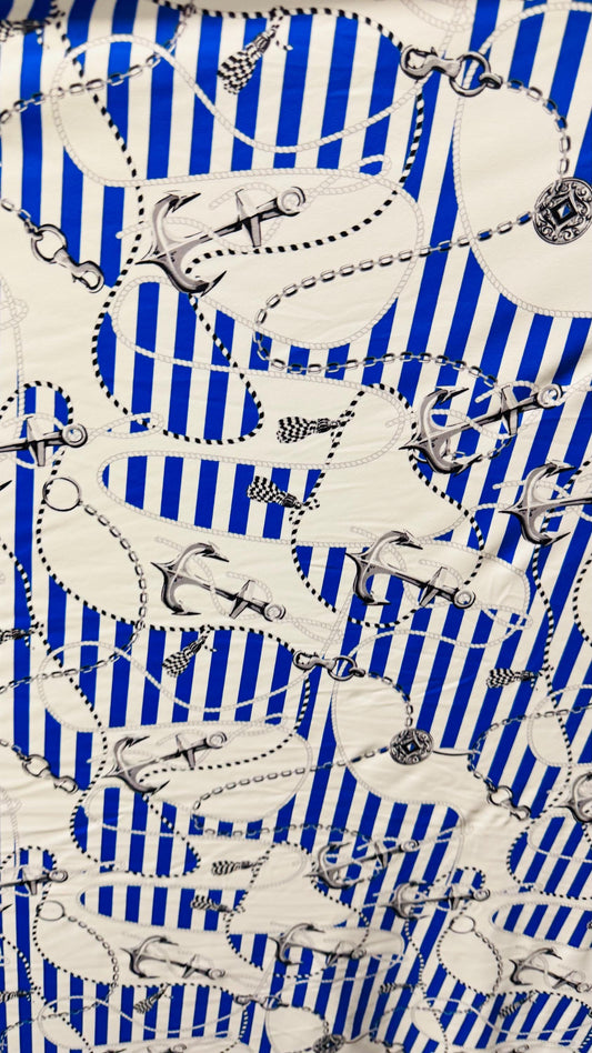 New Anchor Stripes design Blue/White great quality of nylon spandex 4-way stretch 58/60” Sold by the YD. Ships worldwide From Los Angeles