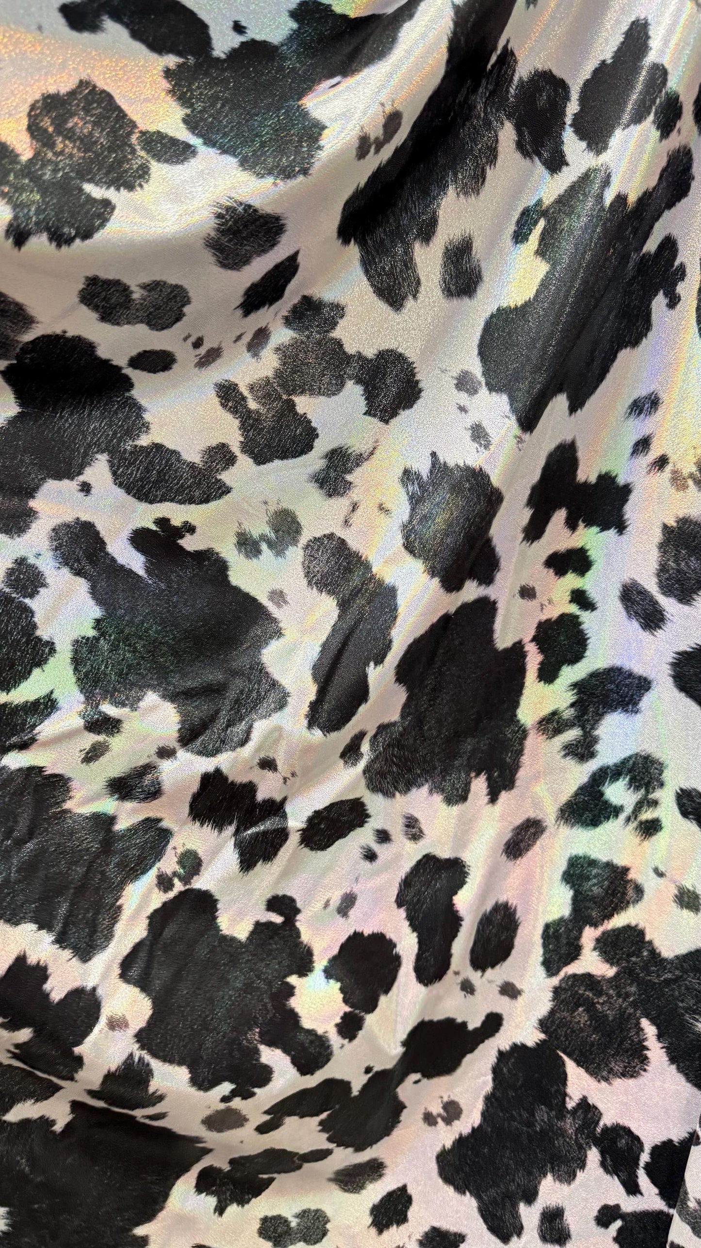 Luxury Exotic Cow design on hologram Iridescent metallic nylon spandex 4-way stretch 58/60” High quality fabrics by AlexLAFabrics