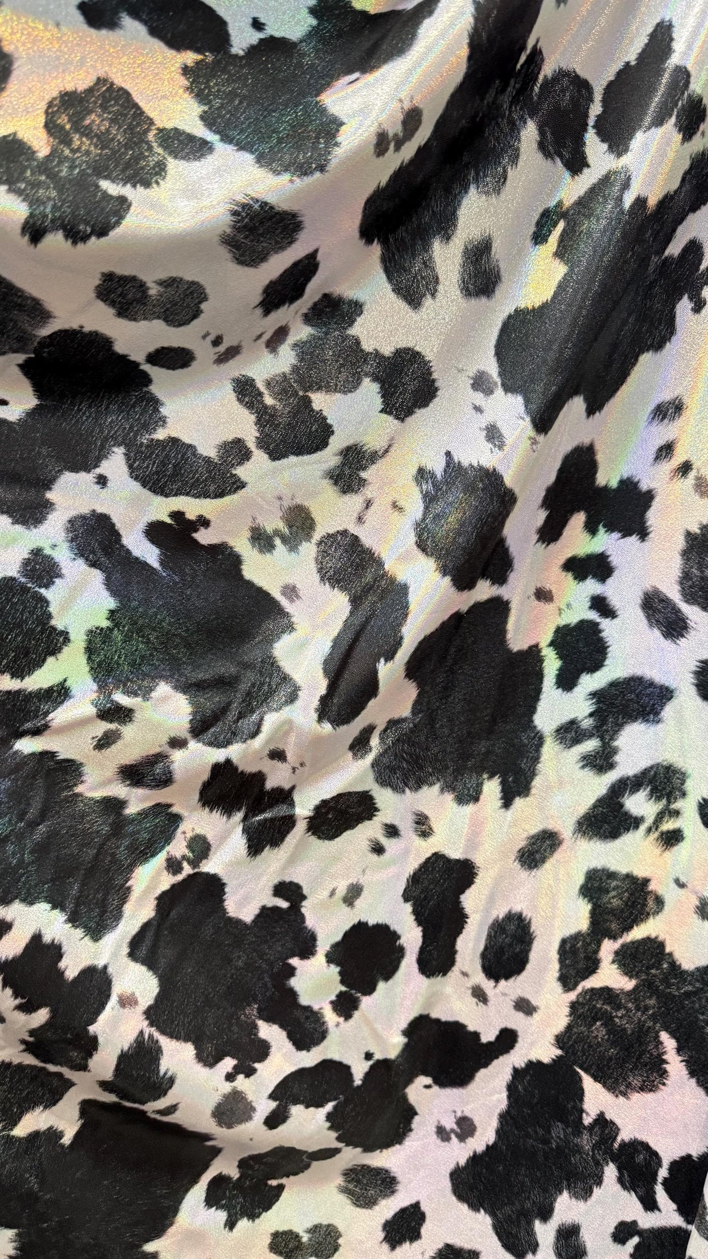 Luxury Exotic Cow design on hologram Iridescent metallic nylon spandex 4-way stretch 58/60” High quality fabrics by AlexLAFabrics