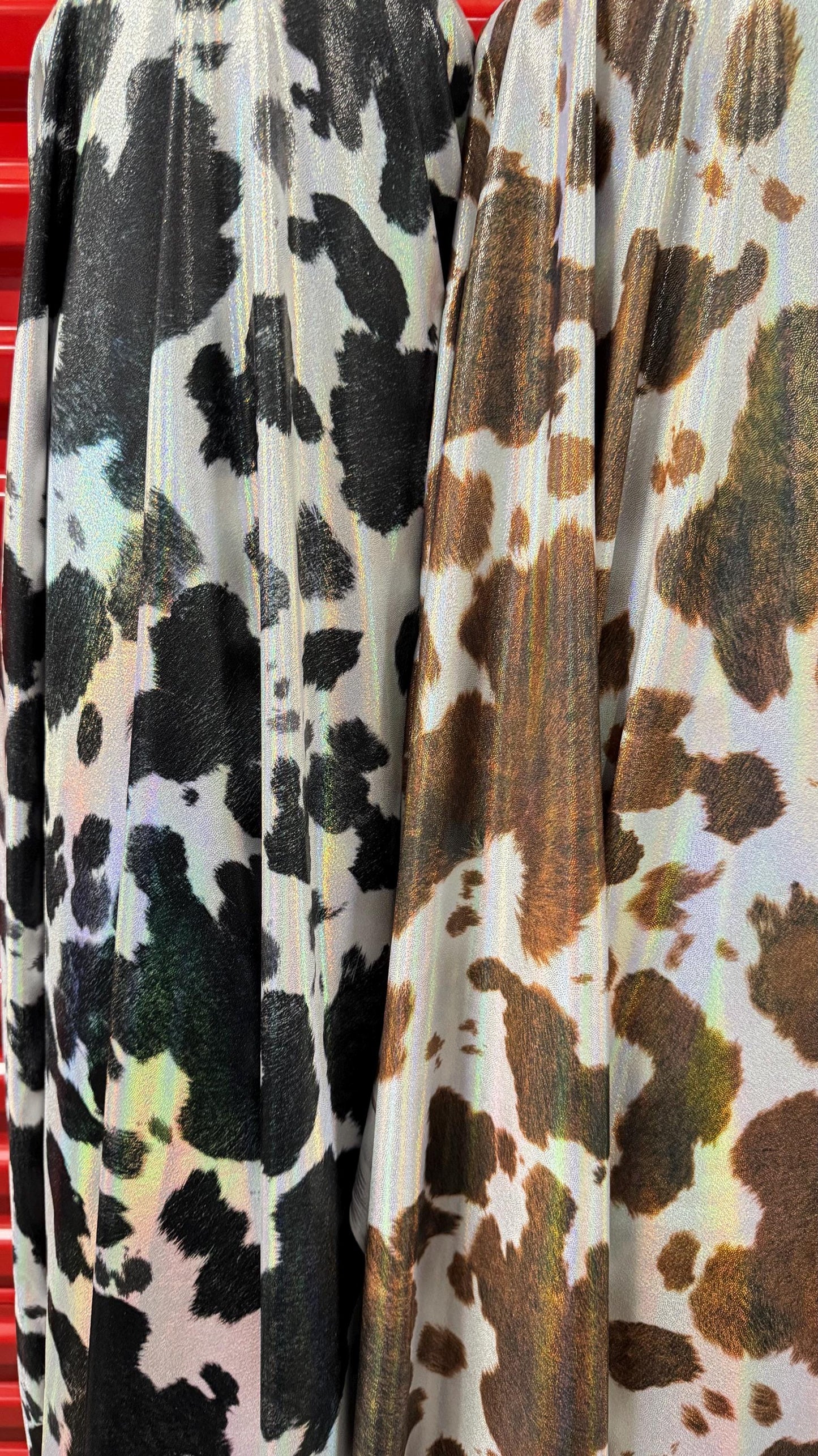 Luxury Exotic Cow design on hologram Iridescent metallic nylon spandex 4-way stretch 58/60” High quality fabrics by AlexLAFabrics
