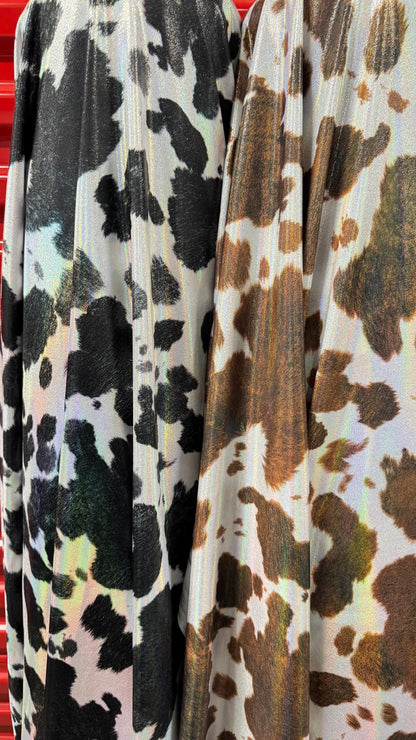 Luxury Exotic Cow design on hologram Iridescent metallic nylon spandex 4-way stretch 58/60” High quality fabrics by AlexLAFabrics