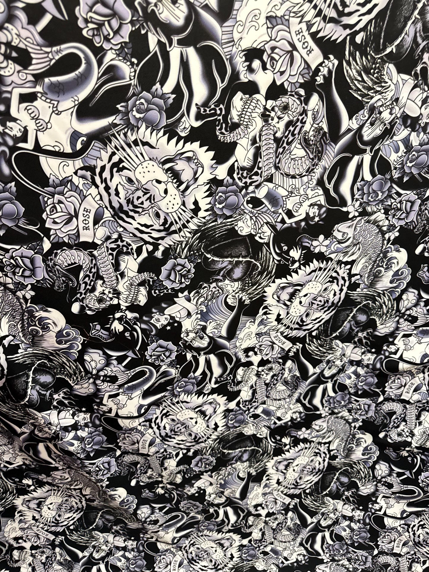 New Tattoo Japanese design Black/White print on nylon spandex 4-way stretch 58/60” High quality fabrics by AlexLAFabrics