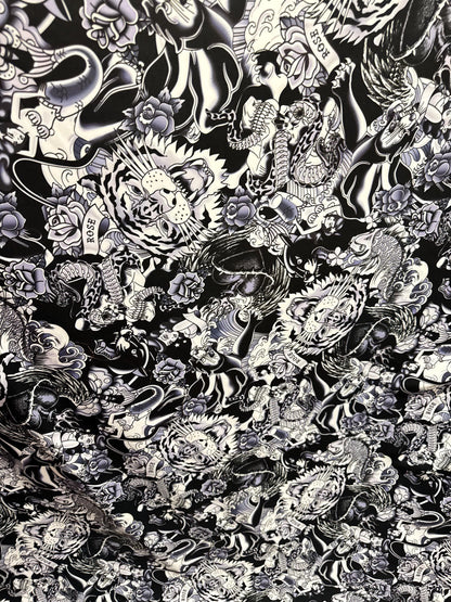 New Tattoo Japanese design Black/White print on nylon spandex 4-way stretch 58/60” High quality fabrics by AlexLAFabrics