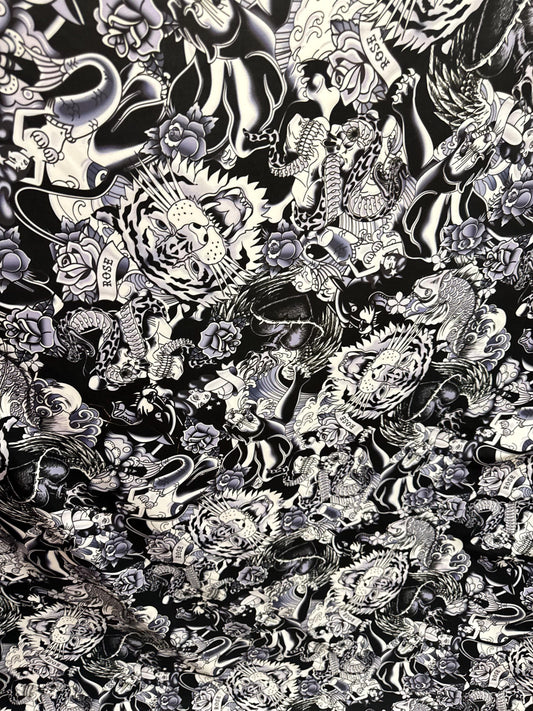 New Tattoo Japanese design Black/White print on nylon spandex 4-way stretch 58/60” High quality fabrics by AlexLAFabrics