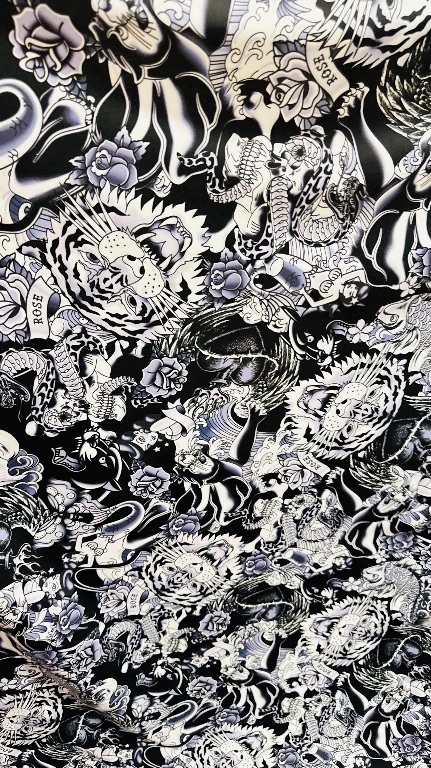 New Tattoo Japanese design Black/White print on nylon spandex 4-way stretch 58/60” High quality fabrics by AlexLAFabrics