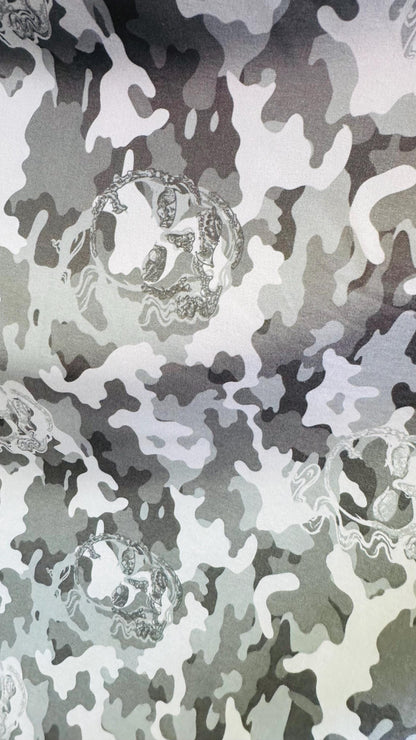 Camouflage design with skulls on Microfiber spandex waterproof 2-way Stretch 58/60" Sold by the yd. Ships worldwide from Los Angeles CA