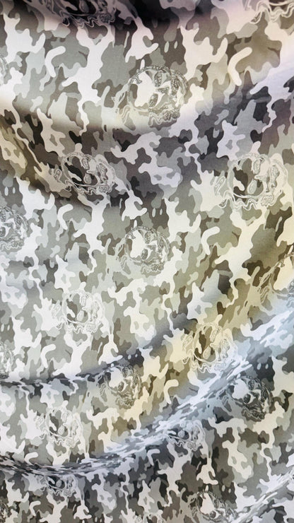 Camouflage design with skulls on Microfiber spandex waterproof 2-way Stretch 58/60" Sold by the yd. Ships worldwide from Los Angeles CA