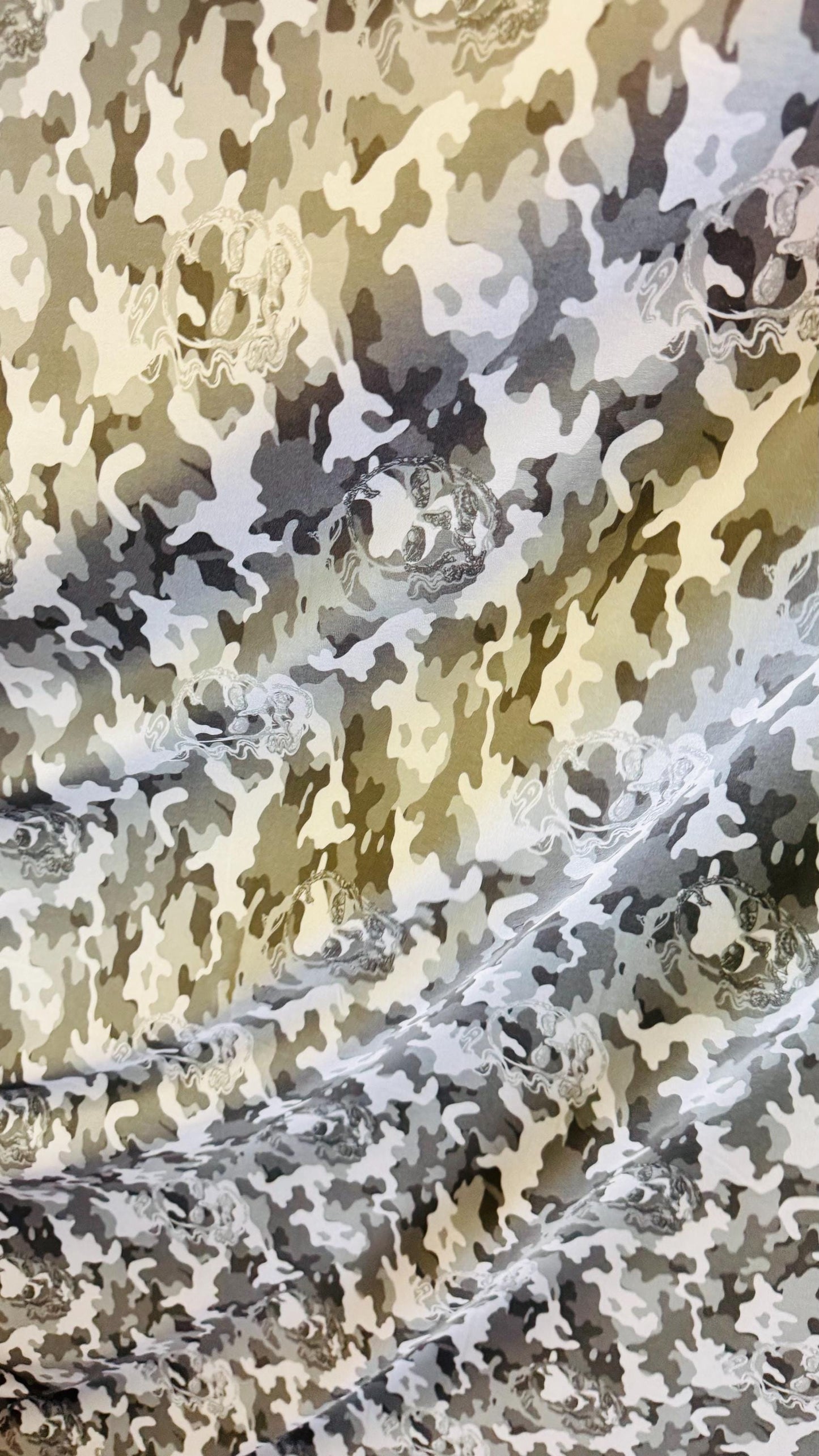 Camouflage design with skulls on Microfiber spandex waterproof 2-way Stretch 58/60" Sold by the yd. Ships worldwide from Los Angeles CA