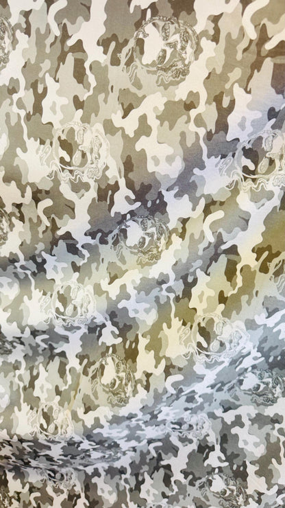 Camouflage design with skulls on Microfiber spandex waterproof 2-way Stretch 58/60" Sold by the yd. Ships worldwide from Los Angeles CA
