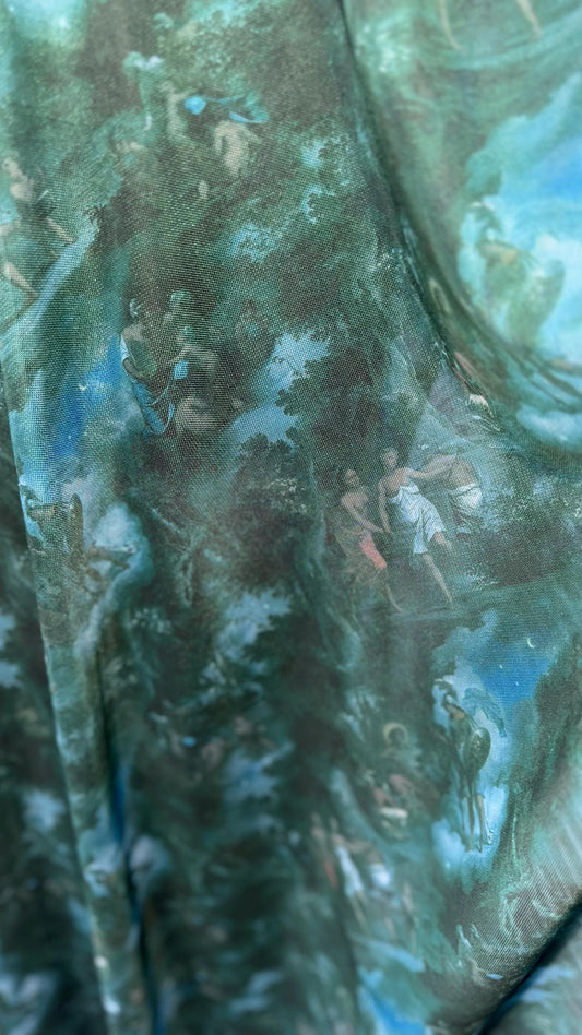 New Divine celestial Taupe and Hunter green color  print on great quality of nylon power mesh 4-way stretch 58/60” Sold by the YD.