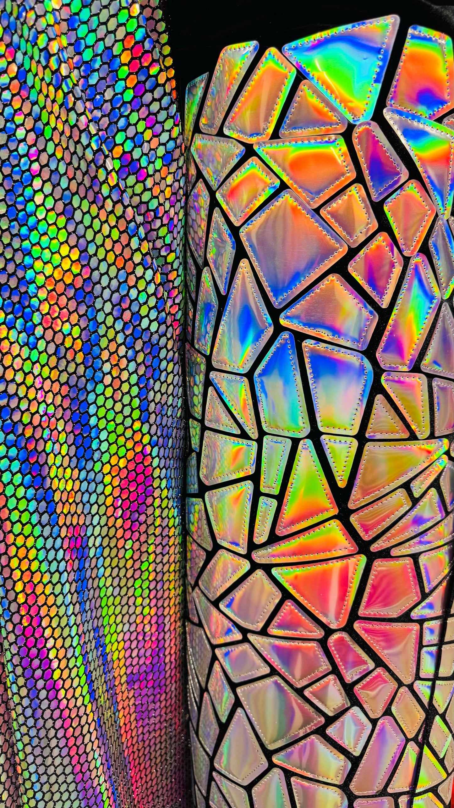 New Geometric Iridescent Fabrics Honeycomb , Shattered Galss Black/silver and Jumbo Shattered glass on stretch velvet 2-way stretch 58/60”