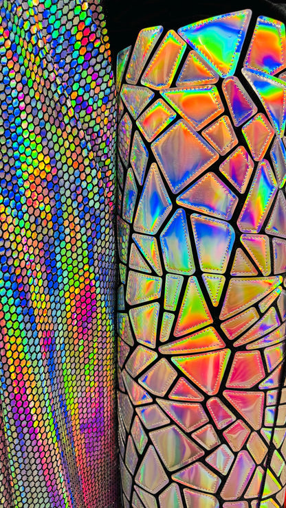 New Geometric Iridescent Fabrics Honeycomb , Shattered Galss Black/silver and Jumbo Shattered glass on stretch velvet 2-way stretch 58/60”