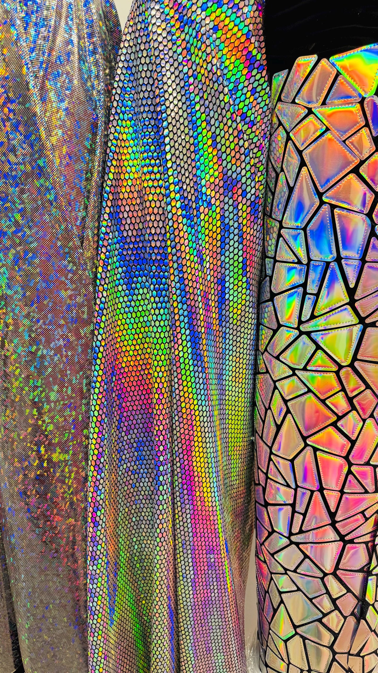 New Geometric Iridescent Fabrics Honeycomb , Shattered Galss Black/silver and Jumbo Shattered glass on stretch velvet 2-way stretch 58/60”