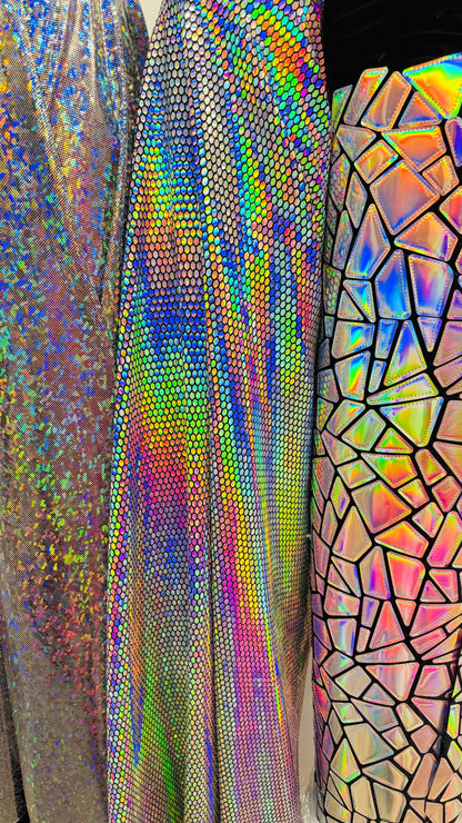 New Geometric Iridescent Fabrics Honeycomb , Shattered Galss Black/silver and Jumbo Shattered glass on stretch velvet 2-way stretch 58/60”