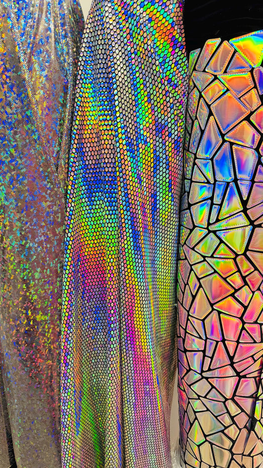 New Geometric Iridescent Fabrics Honeycomb , Shattered Galss Black/silver and Jumbo Shattered glass on stretch velvet 2-way stretch 58/60”