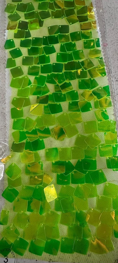 New square sequins iridescent colors embroidered on mesh fabric 2-way stretch 54/55” Sold by the YD. Ships worldwide from Los Angeles Califo