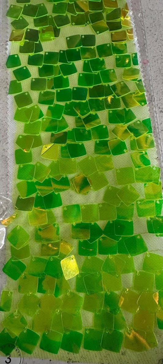 New square sequins iridescent colors embroidered on mesh fabric 2-way stretch 54/55” Sold by the YD. Ships worldwide from Los Angeles Califo