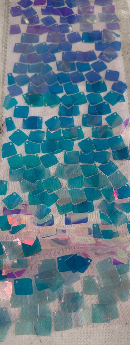 New square sequins iridescent colors embroidered on mesh fabric 2-way stretch 54/55” Sold by the YD. Ships worldwide from Los Angeles Califo