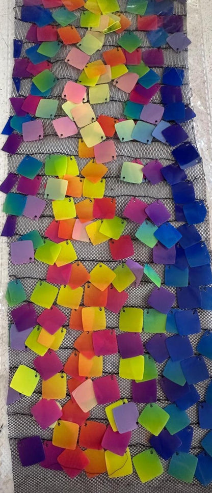 New square sequins iridescent colors embroidered on mesh fabric 2-way stretch 54/55” Sold by the YD. Ships worldwide from Los Angeles Califo
