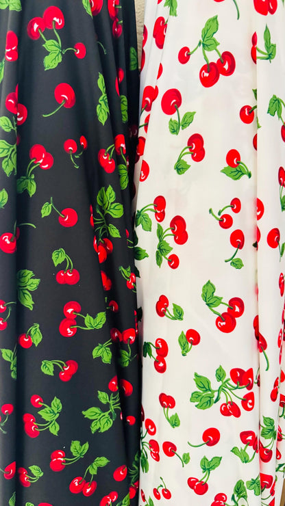 New cherry design print on poly spandex fabric 4-way stretch 58/60" Sold by the YD. Ships worldwide from Los Ángeles California USA.