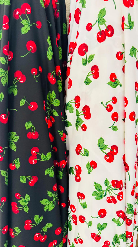 New cherry design print on poly spandex fabric 4-way stretch 58/60" Sold by the YD. Ships worldwide from Los Ángeles California USA.