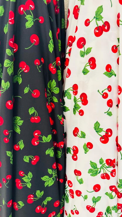 New cherry design print on poly spandex fabric 4-way stretch 58/60" Sold by the YD. Ships worldwide from Los Ángeles California USA.