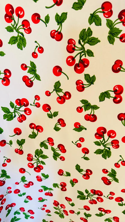 New cherry design print on poly spandex fabric 4-way stretch 58/60" Sold by the YD. Ships worldwide from Los Ángeles California USA.