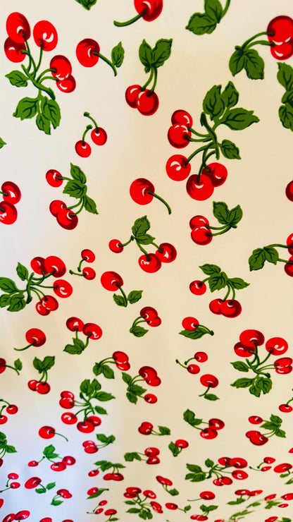 New cherry design print on poly spandex fabric 4-way stretch 58/60" Sold by the YD. Ships worldwide from Los Ángeles California USA.