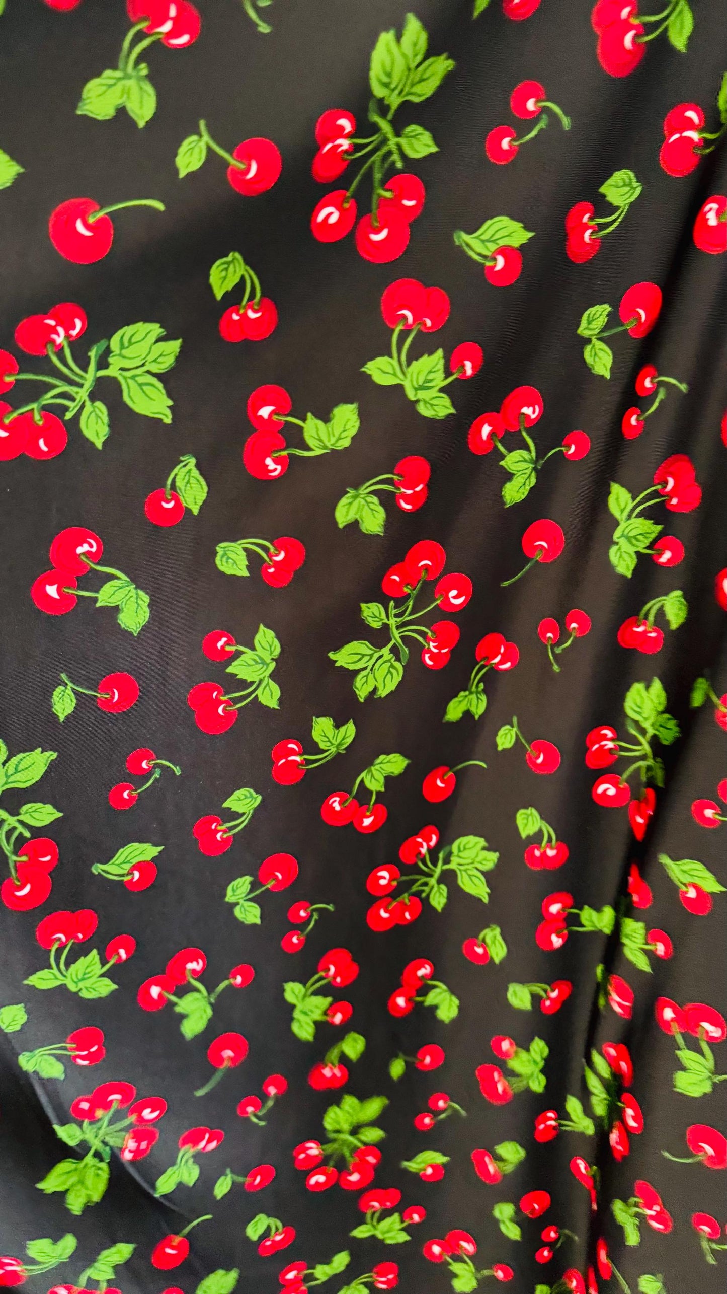 New cherry design print on poly spandex fabric 4-way stretch 58/60" Sold by the YD. Ships worldwide from Los Ángeles California USA.