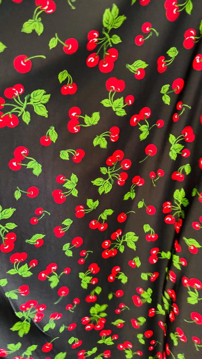 New cherry design print on poly spandex fabric 4-way stretch 58/60" Sold by the YD. Ships worldwide from Los Ángeles California USA.